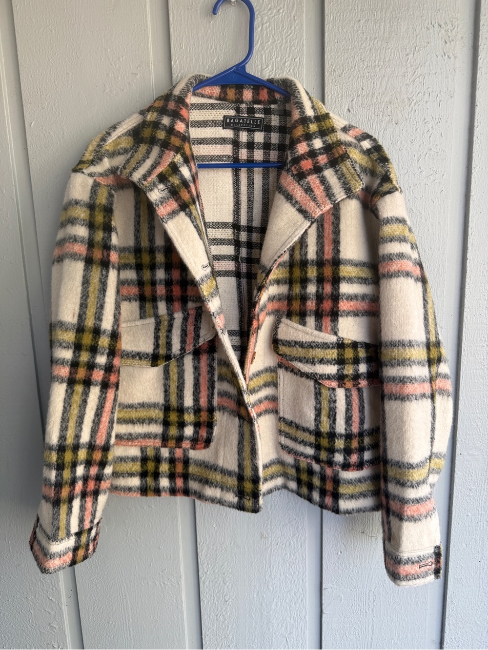 Bagatelle Cream‎ Plaid Shacket with Pink and Olive Stripes size small